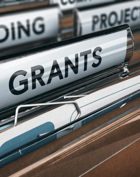 View of brown folders, with focus on grants label, Concept of funding, 3D illustration