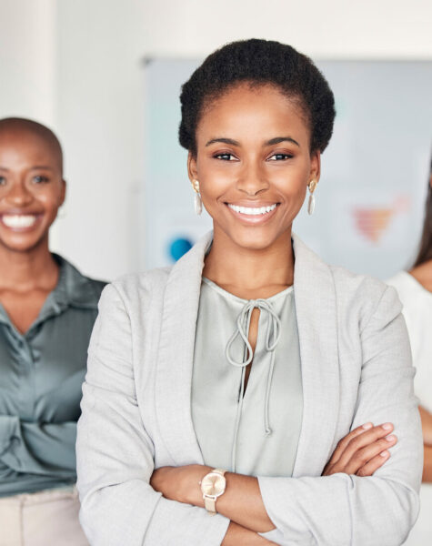 Black woman leadership, portrait and happy teamwork, management and collaboration, company vision and trust in office. Female ceo, diversity business people and corporate employees support in startup