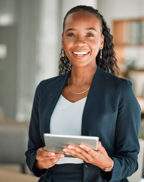 Portrait, lawyer and black woman with tablet, smile and happy in office workplace. African attorney, technology and face of professional, female advocate and legal advisor from Nigeria in law firm.